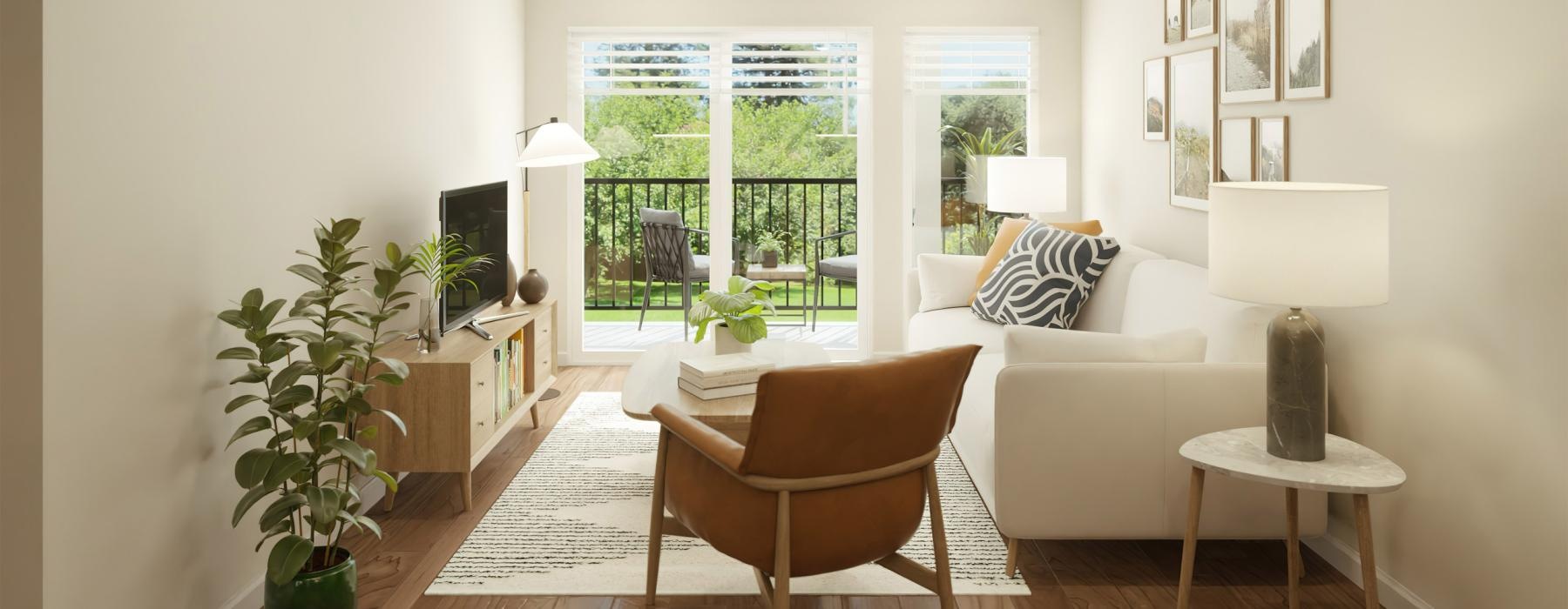a living room with a large glass door
