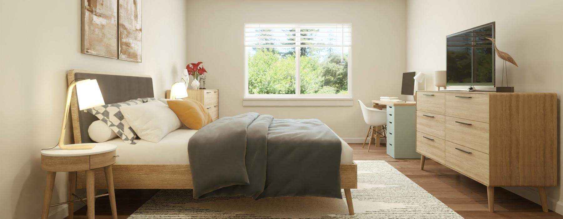 a bedroom with a bed and a desk