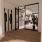 a restroom area with wood floors