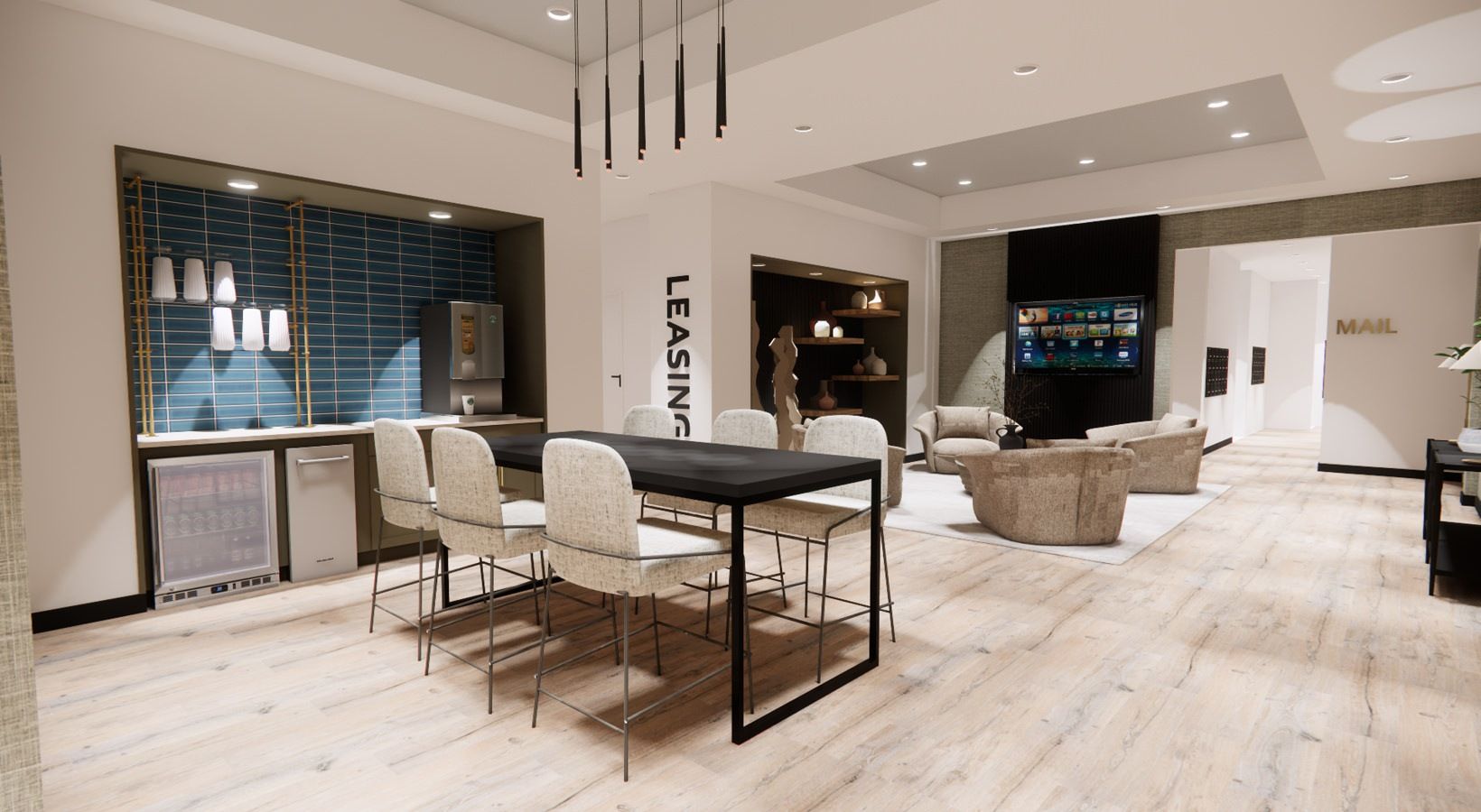 Modern open lounge with high tables, chairs, seating area, and kitchen space; sign reads "LEASING.