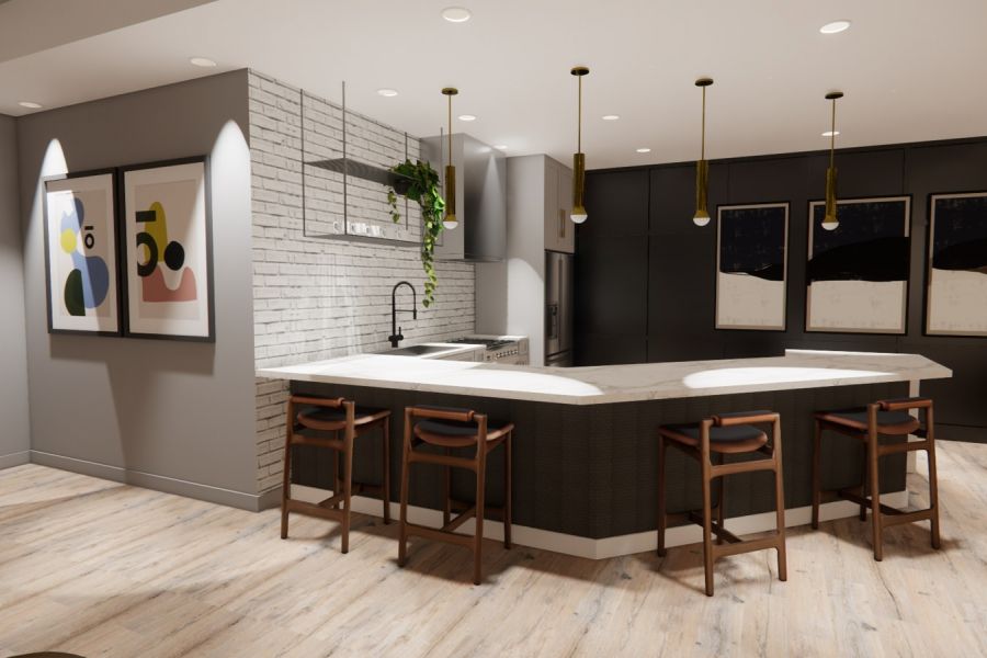 A kitchen with a bar and chairs.