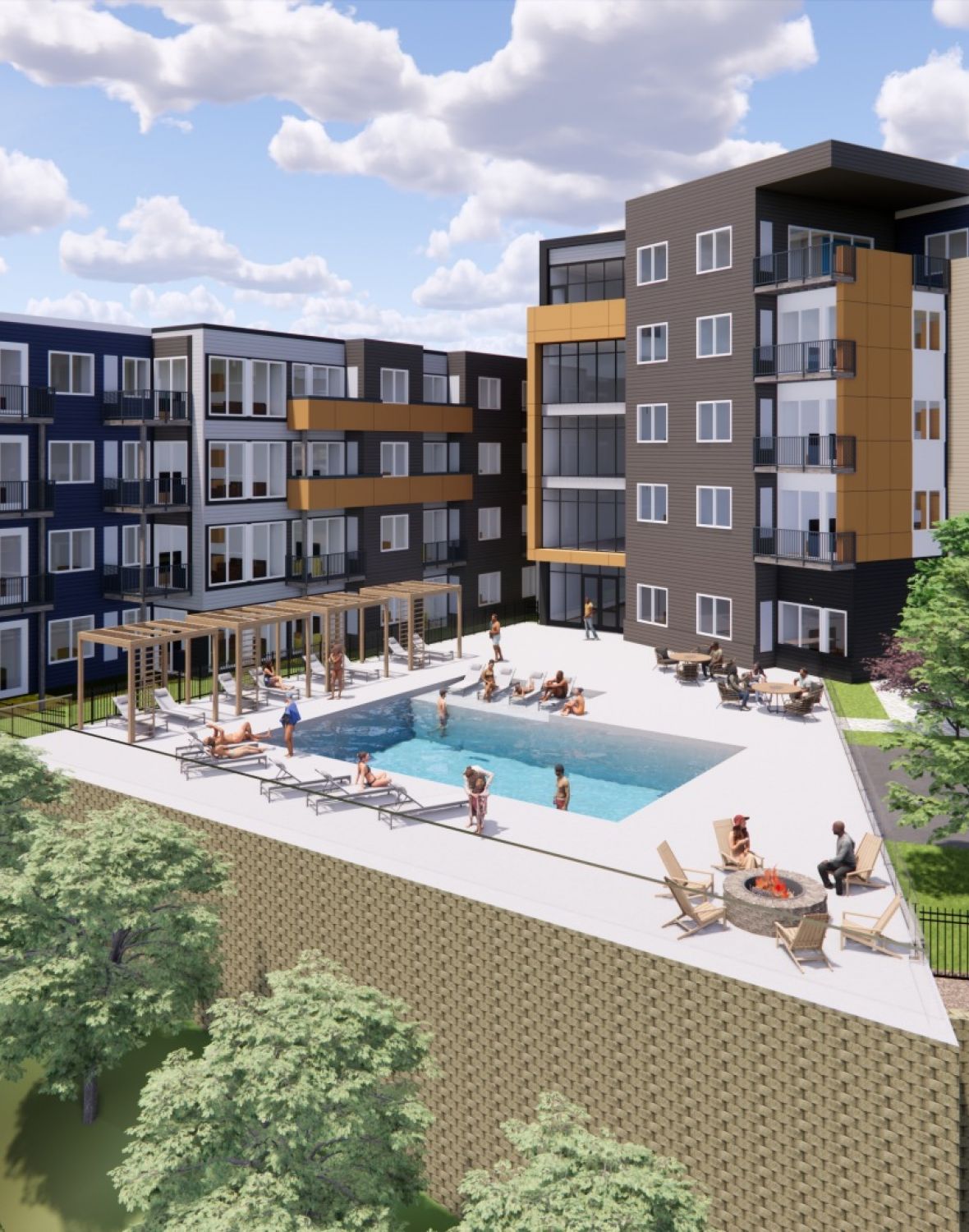 Modern apartment complex with a pool, lounge chairs, and people relaxing on a sunny day.