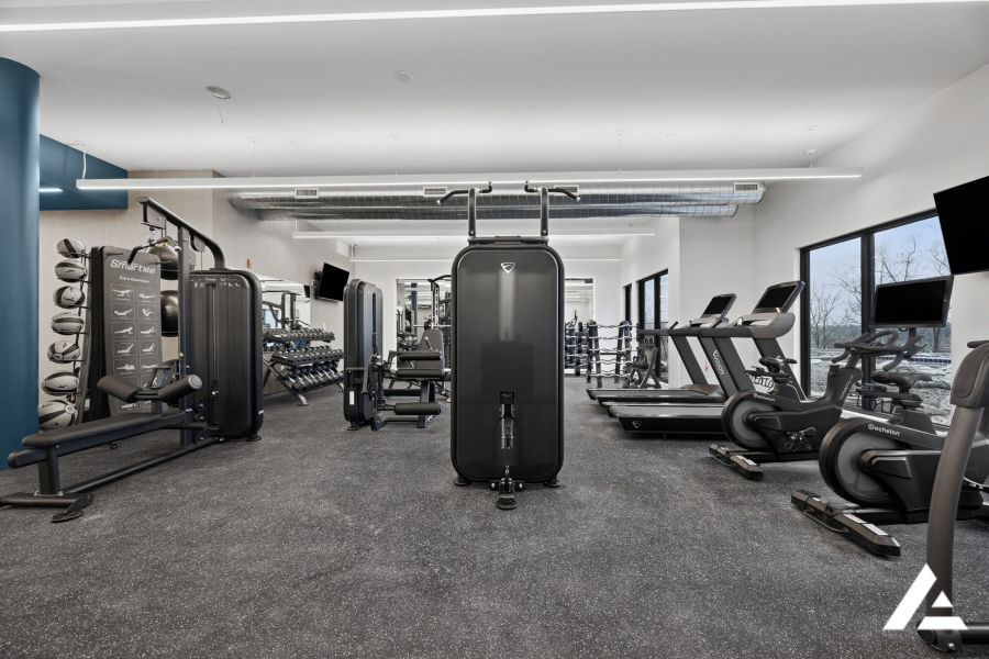 Modern gym with treadmills, weight machines, and free weights in a bright, spacious room with large windows.